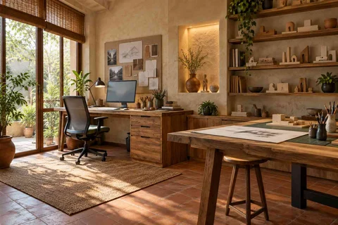 AI-generated home office concept: architectural home studio, clay artisan direction