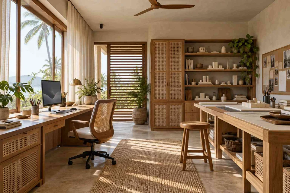 AI-generated home office concept: architectural home studio, coastal woven direction