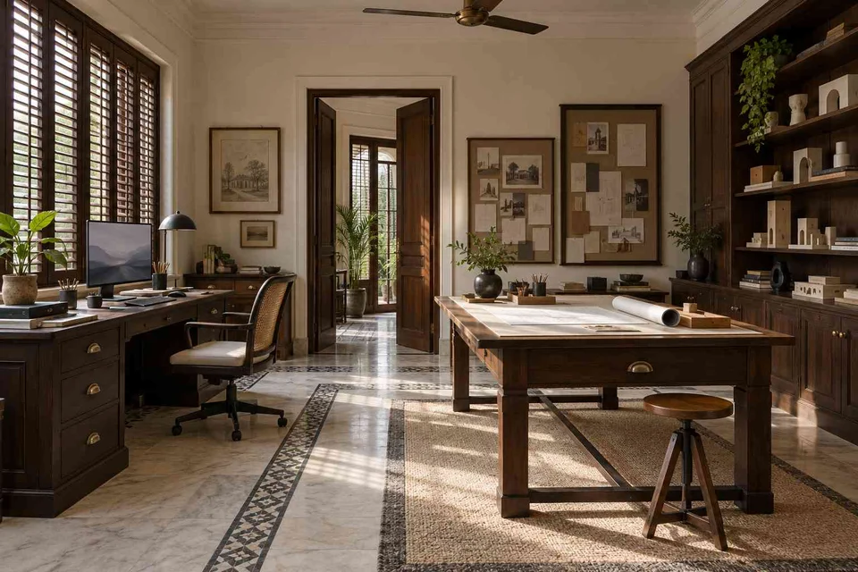 AI-generated home office concept: architectural home studio, colonial quiet direction