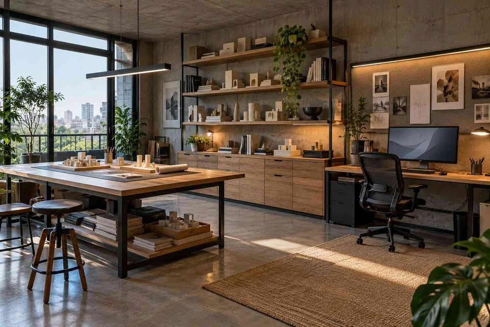 AI-generated home office concept: architectural home studio, concrete and oak direction