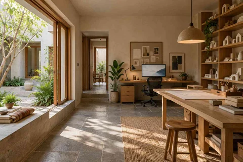 AI-generated home office concept: architectural home studio, courtyard modern direction