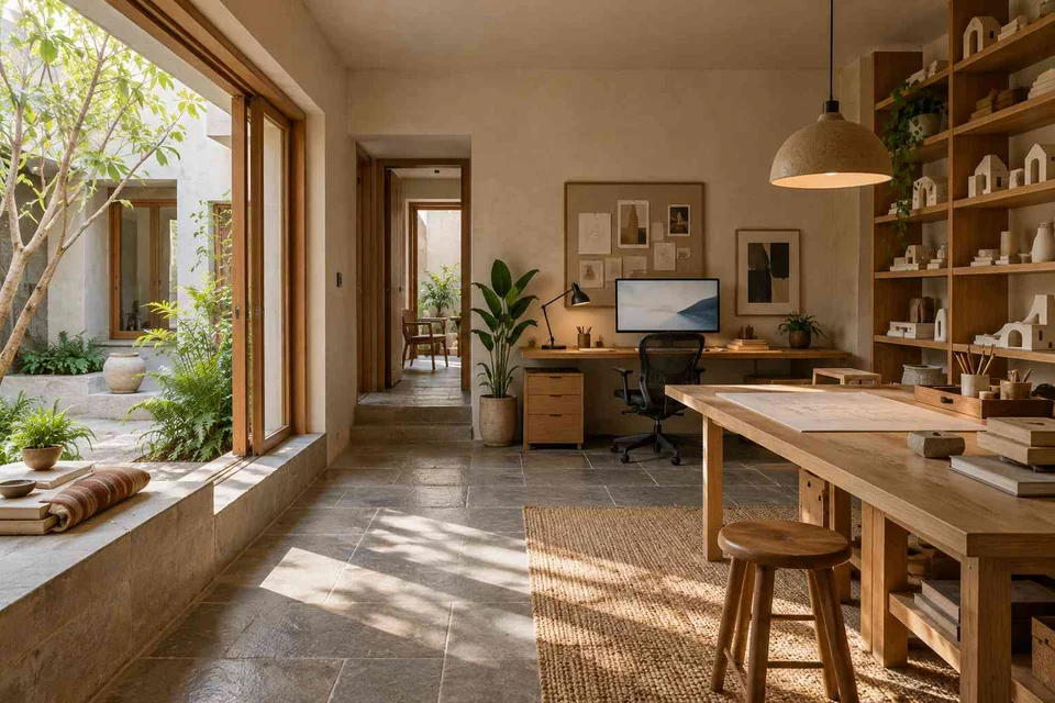 AI-generated home office concept: architectural home studio, courtyard modern direction