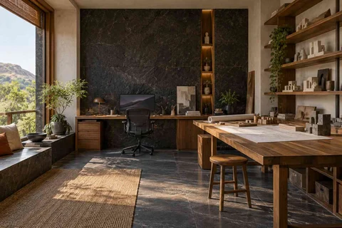 AI-generated home office concept: architectural home studio, deccan stone direction