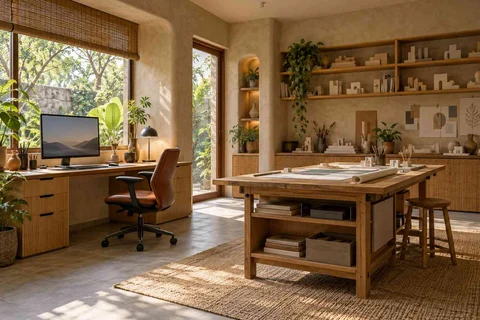 AI-generated home office concept: architectural home studio, earth and bamboo direction