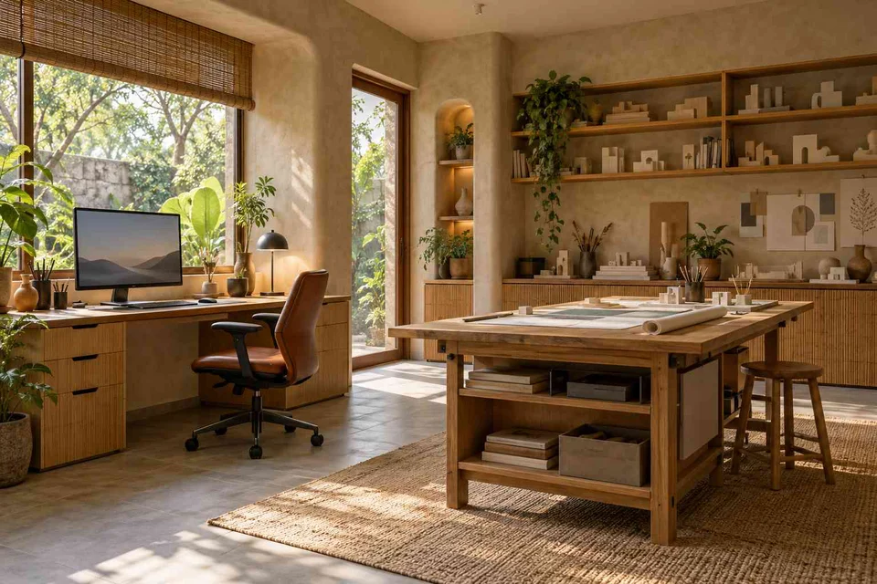 AI-generated home office concept: architectural home studio, earth and bamboo direction