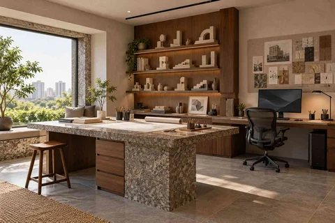 AI-generated home office concept: architectural home studio, granite precision direction