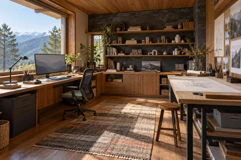 AI-generated home office concept: architectural home studio, hill timber direction