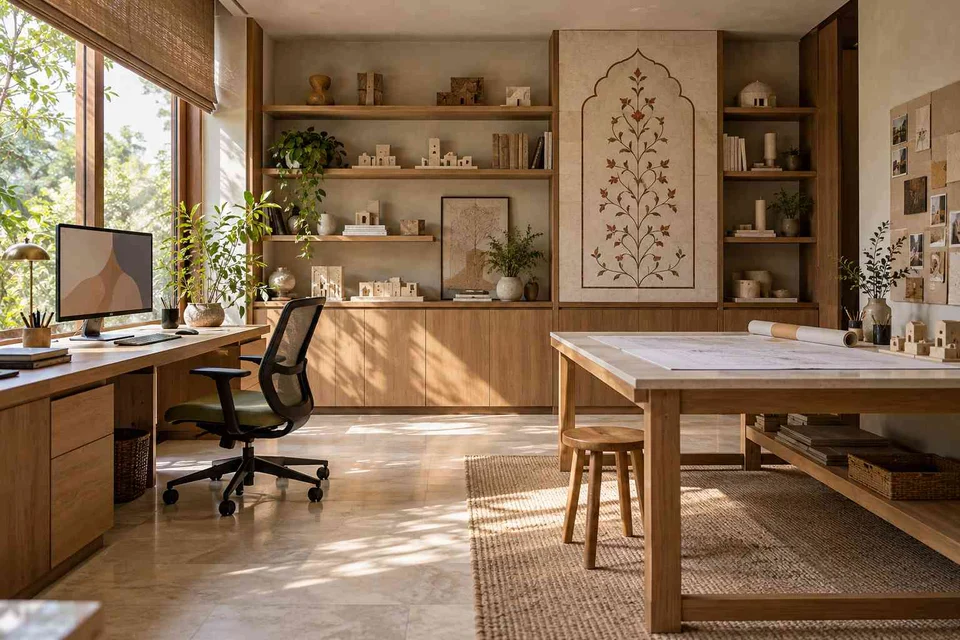 AI-generated home office concept: architectural home studio, inlay atelier direction