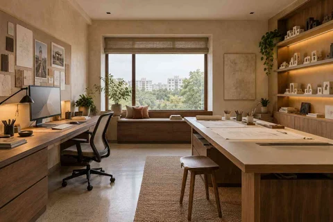 AI-generated home office concept: architectural home studio, lime and walnut direction