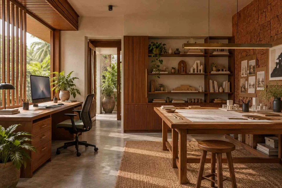 AI-generated home office concept: architectural home studio, malabar timber direction