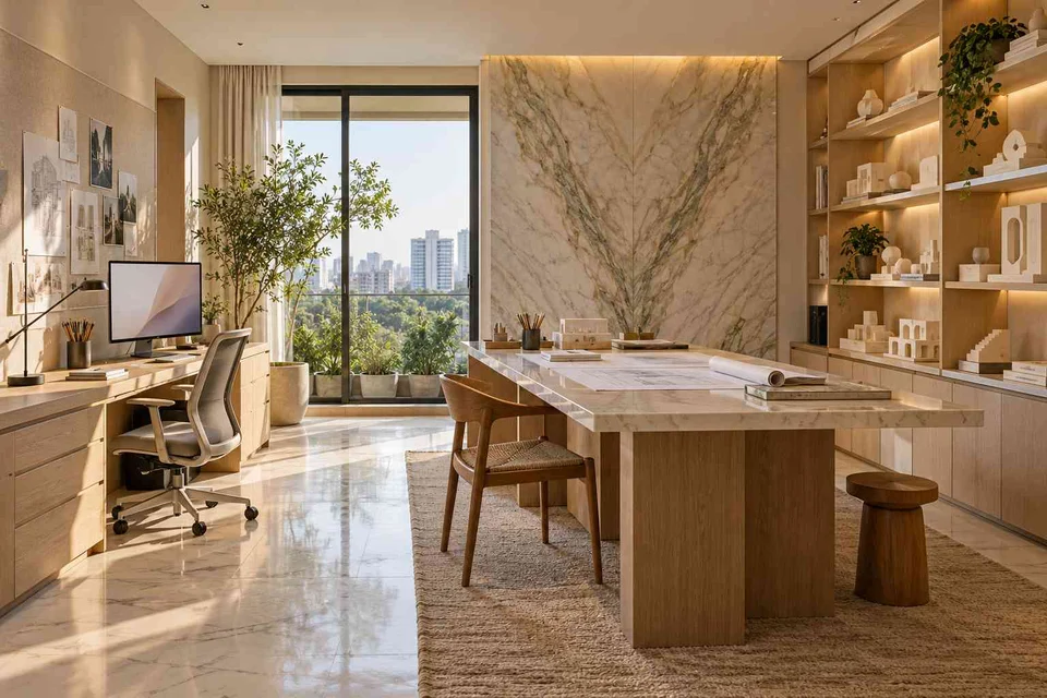 AI-generated home office concept: architectural home studio, marble restraint direction