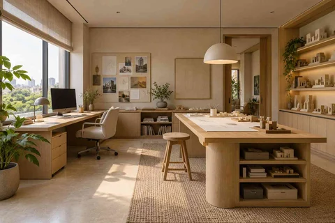 AI-generated home office concept: architectural home studio, quiet contemporary direction