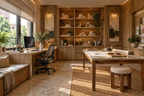 AI-generated home office concept: architectural home studio, quiet transitional direction