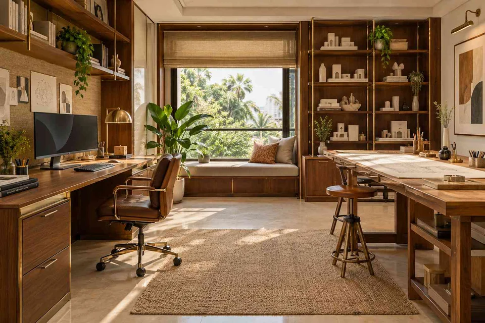 AI-generated home office concept: architectural home studio, rosewood brass direction