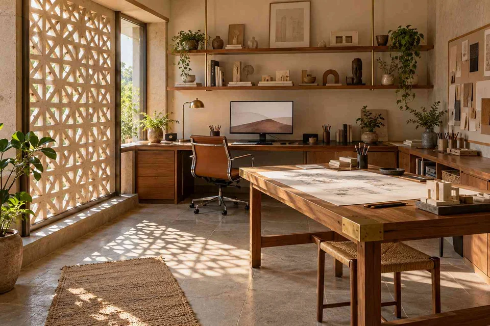 AI-generated home office concept: architectural home studio, sandstone lattice direction