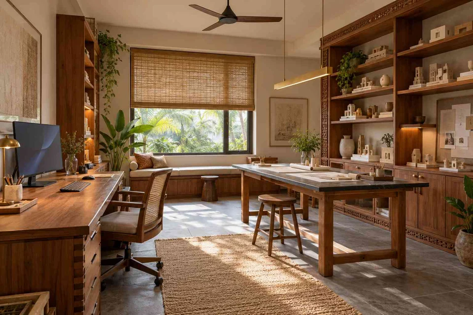 AI-generated home office concept: architectural home studio, teak craft direction