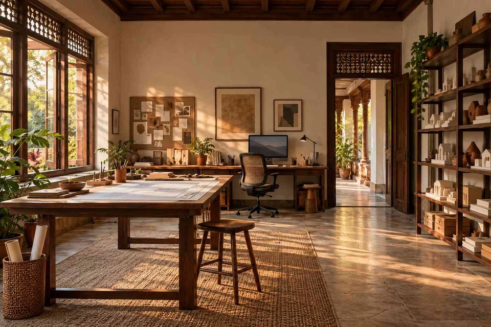 AI-generated home office concept: architectural home studio, terracotta heritage direction