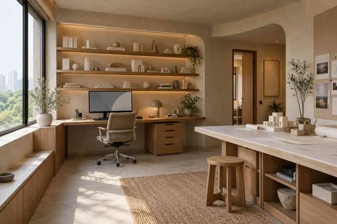 AI-generated home office concept: architectural home studio, textured mineral direction