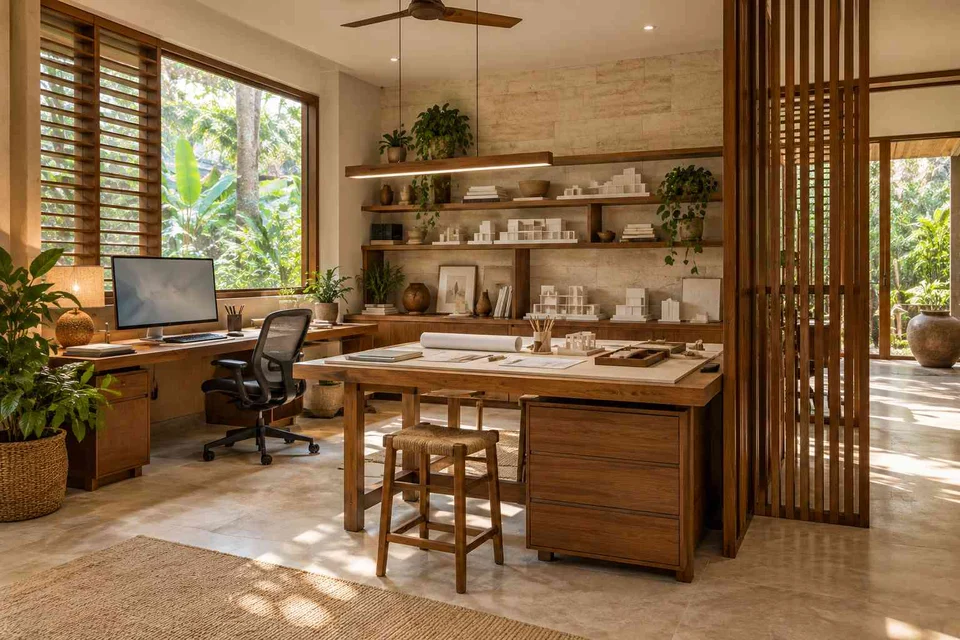 AI-generated home office concept: architectural home studio, tropical slatted direction