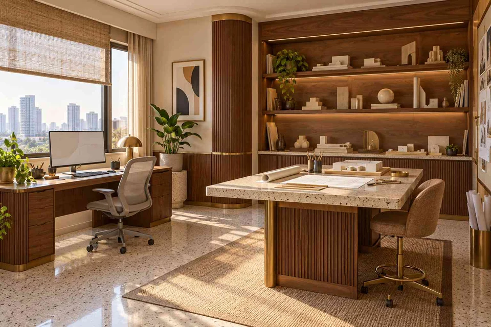 AI-generated home office concept: architectural home studio, urban deco direction