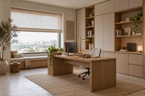 AI-generated home office concept: asymmetric executive study, ash and linen direction