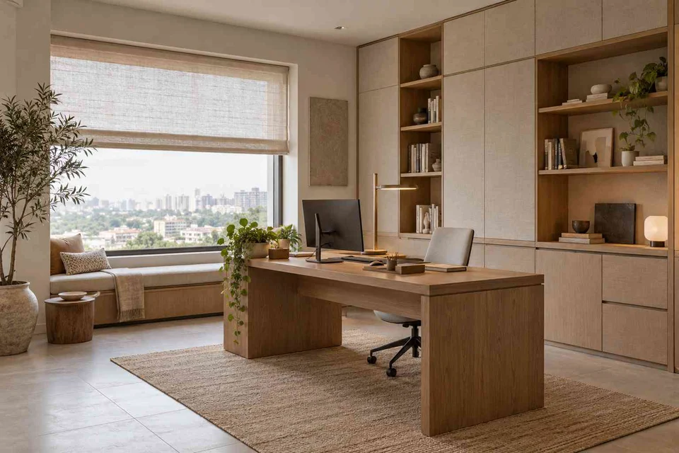 AI-generated home office concept: asymmetric executive study, ash and linen direction