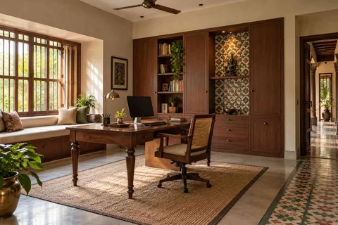AI-generated home office concept: asymmetric executive study, chettinad tile direction