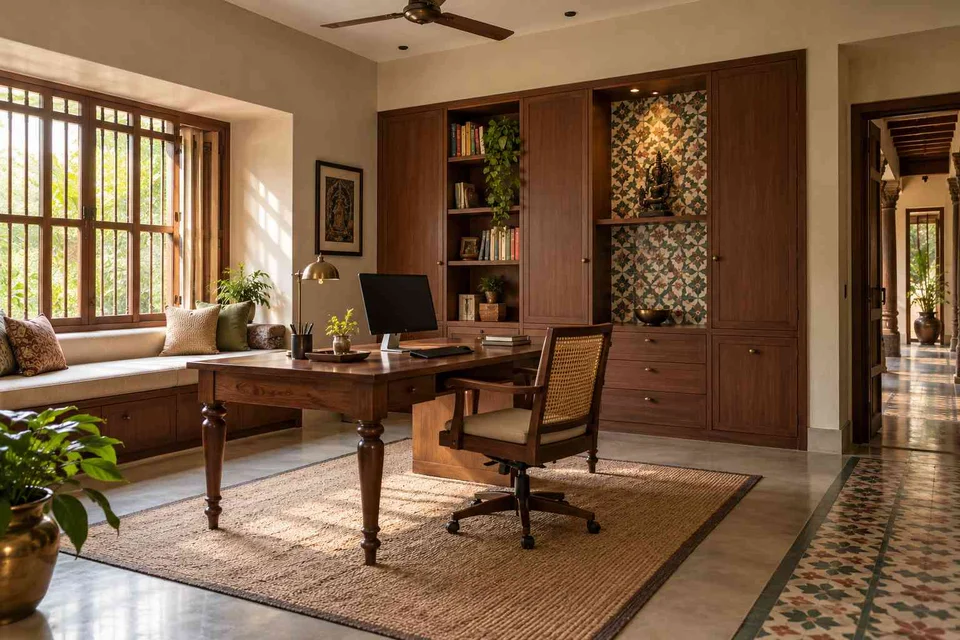 AI-generated home office concept: asymmetric executive study, chettinad tile direction