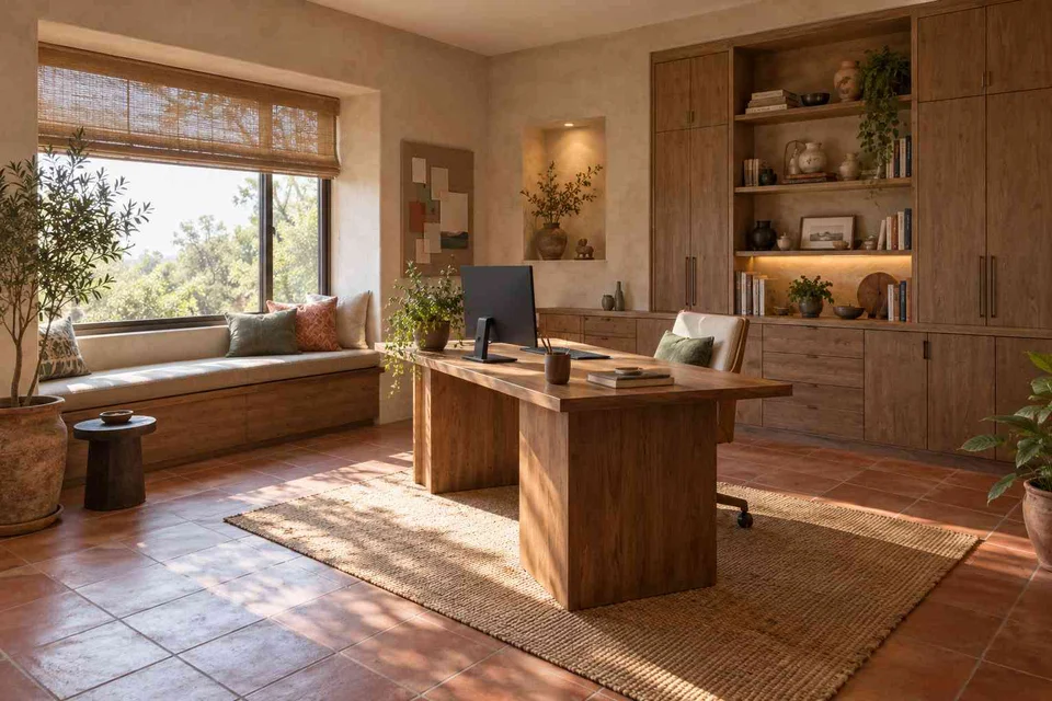 AI-generated home office concept: asymmetric executive study, clay artisan direction