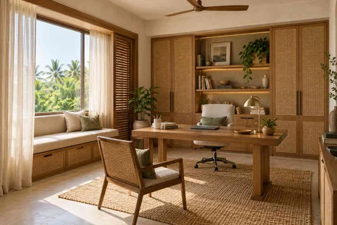 AI-generated home office concept: asymmetric executive study, coastal woven direction