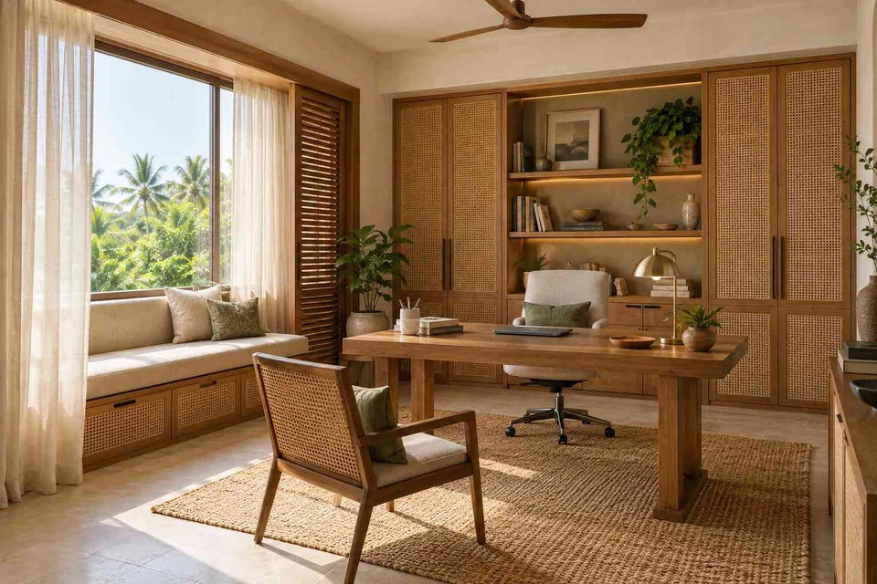 AI-generated home office concept: asymmetric executive study, coastal woven direction