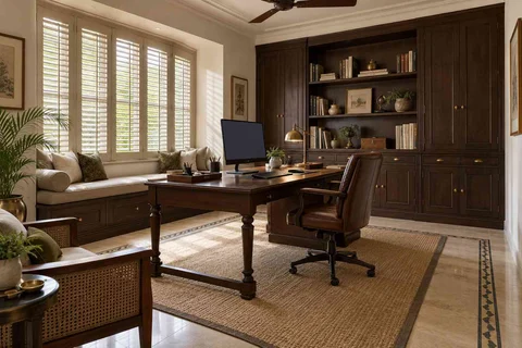 AI-generated home office concept: asymmetric executive study, colonial quiet direction