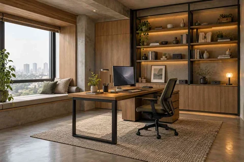 AI-generated home office concept: asymmetric executive study, concrete and oak direction
