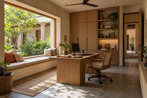 AI-generated home office concept: asymmetric executive study, courtyard modern direction