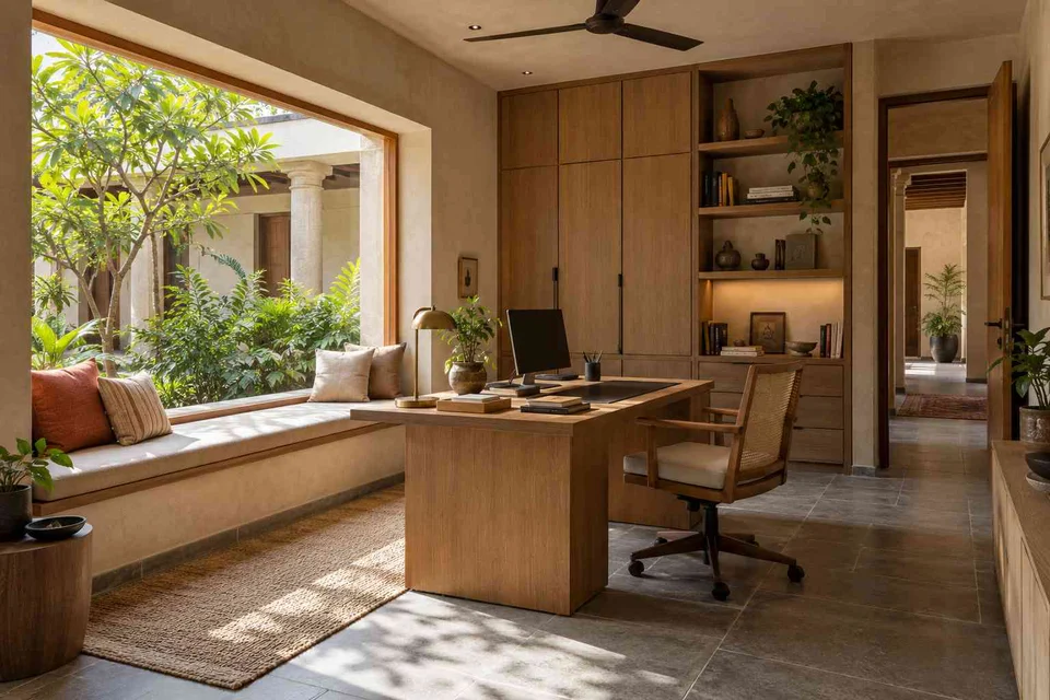 AI-generated home office concept: asymmetric executive study, courtyard modern direction