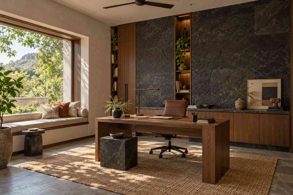 AI-generated home office concept: asymmetric executive study, deccan stone direction