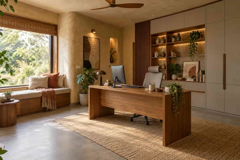 AI-generated home office concept: asymmetric executive study, earth and bamboo direction