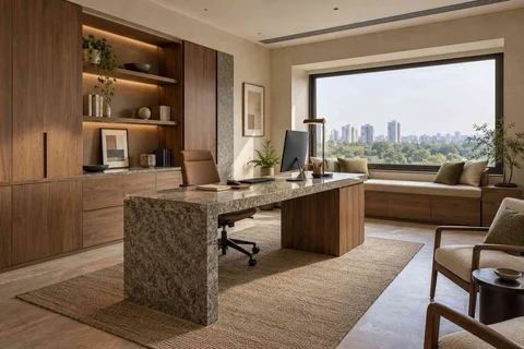 AI-generated home office concept: asymmetric executive study, granite precision direction