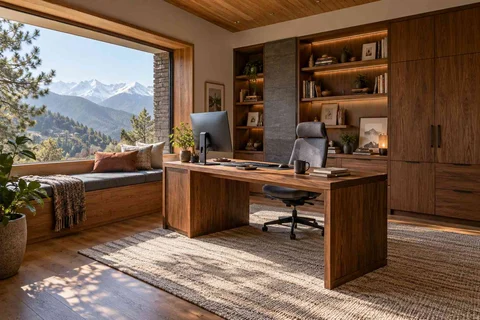 AI-generated home office concept: asymmetric executive study, hill timber direction