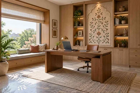 AI-generated home office concept: asymmetric executive study, inlay atelier direction