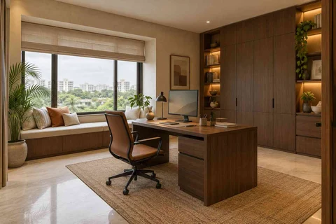 AI-generated home office concept: asymmetric executive study, lime and walnut direction