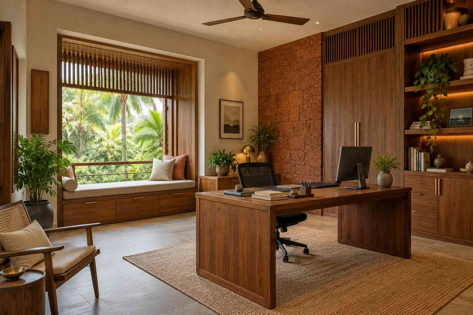 AI-generated home office concept: asymmetric executive study, malabar timber direction