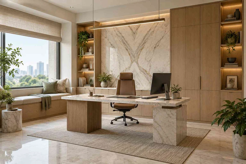 AI-generated home office concept: asymmetric executive study, marble restraint direction