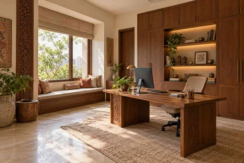 AI-generated home office concept: asymmetric executive study, modern carved direction