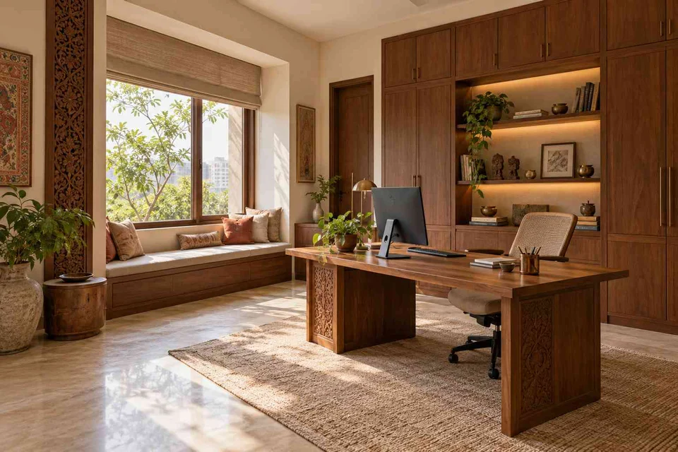 AI-generated home office concept: asymmetric executive study, modern carved direction