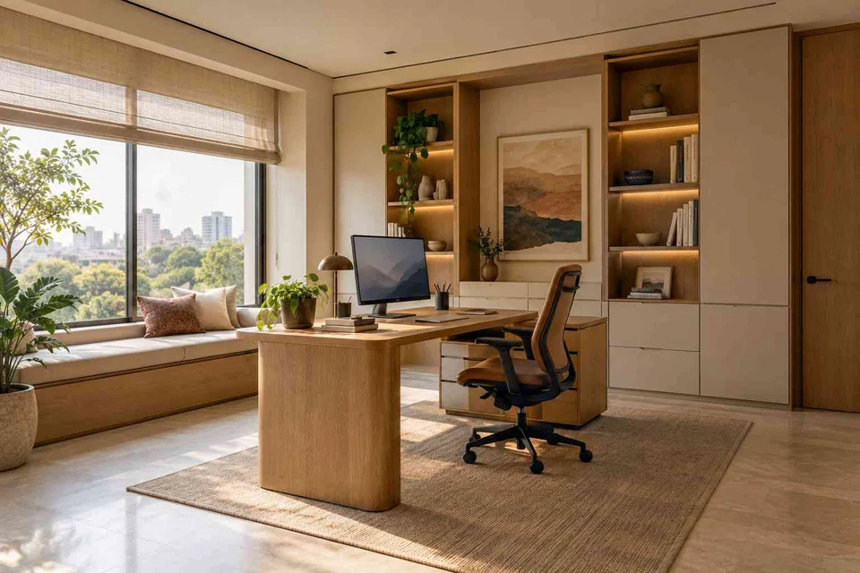 AI-generated home office concept: asymmetric executive study, quiet contemporary direction