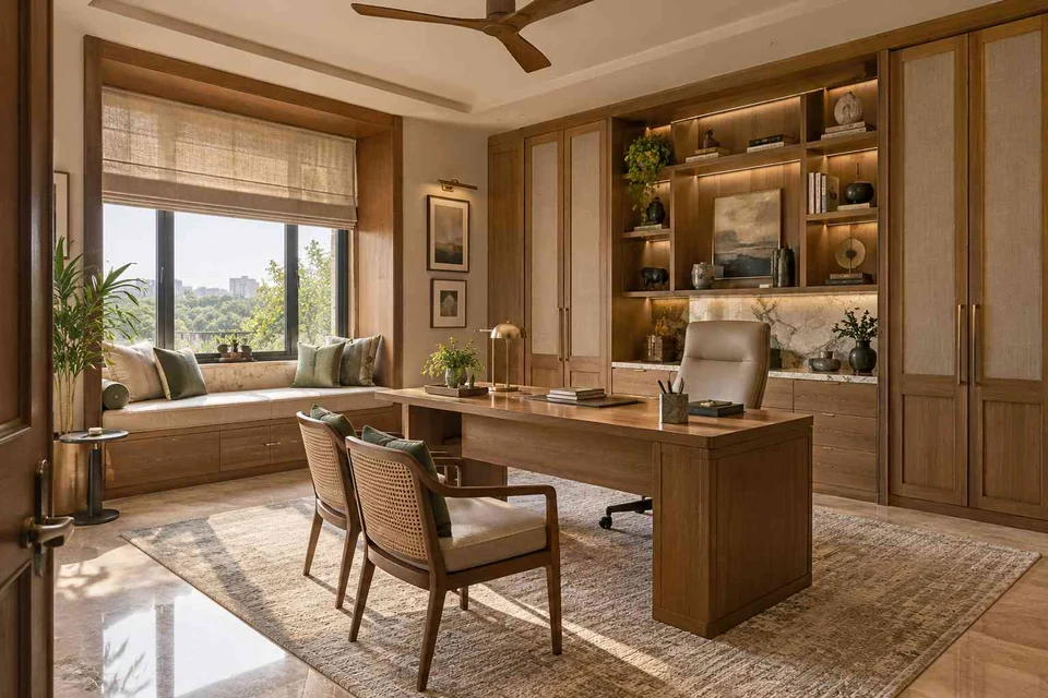 AI-generated home office concept: asymmetric executive study, quiet transitional direction
