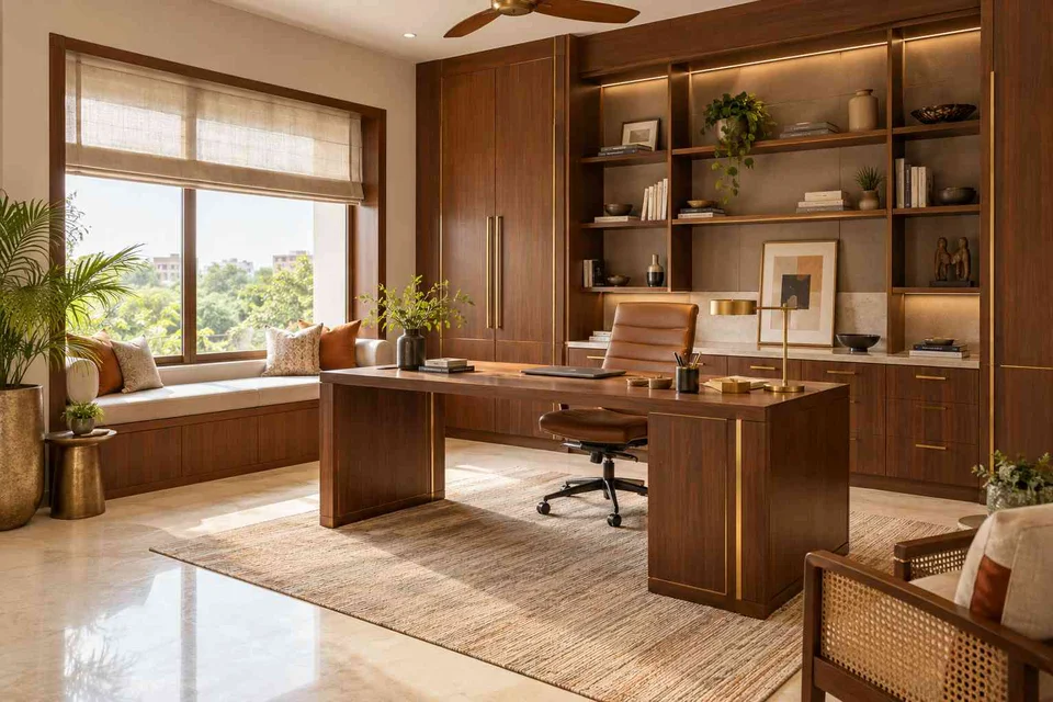 AI-generated home office concept: asymmetric executive study, rosewood brass direction