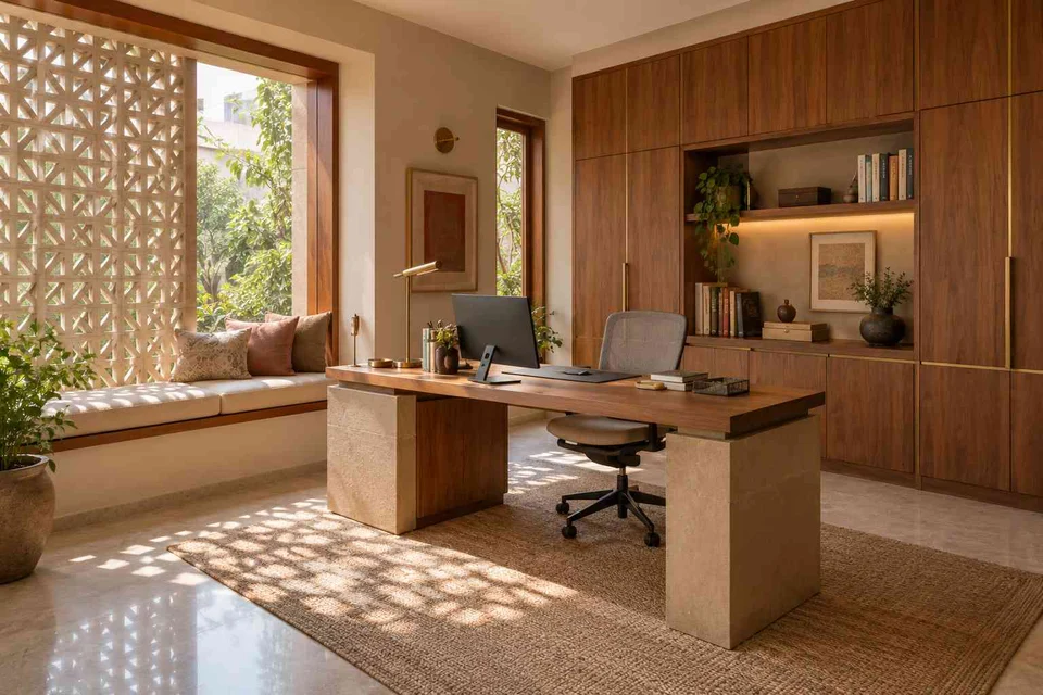 AI-generated home office concept: asymmetric executive study, sandstone lattice direction