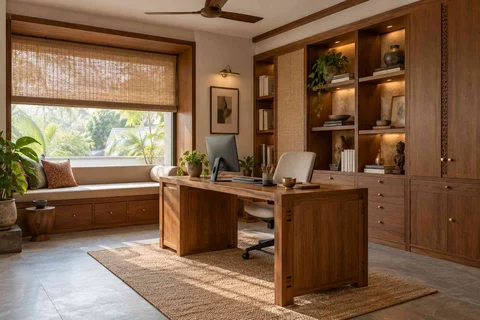 AI-generated home office concept: asymmetric executive study, teak craft direction